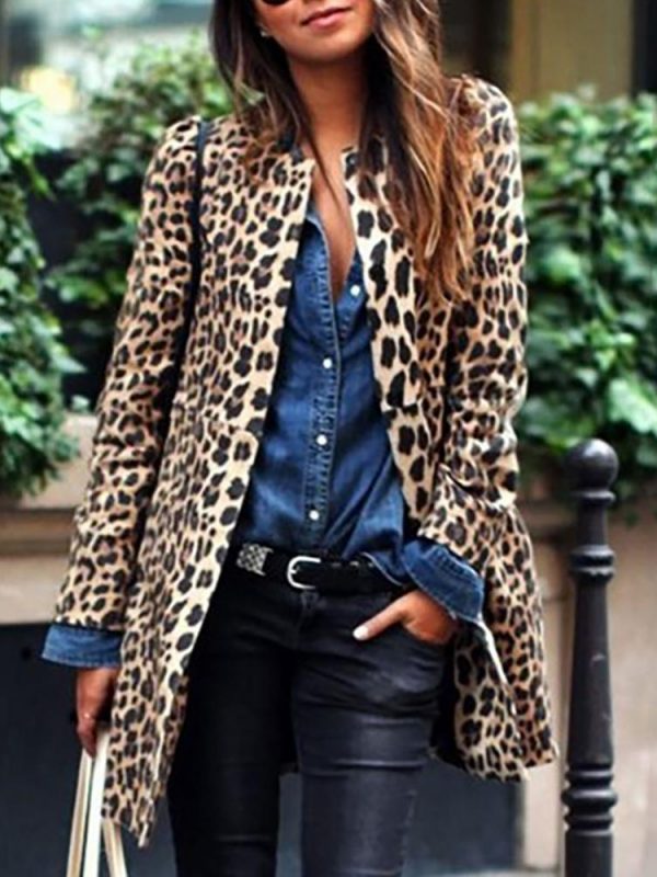 Leopard Print Long Sleeve Casual Longline Coat – fasionce