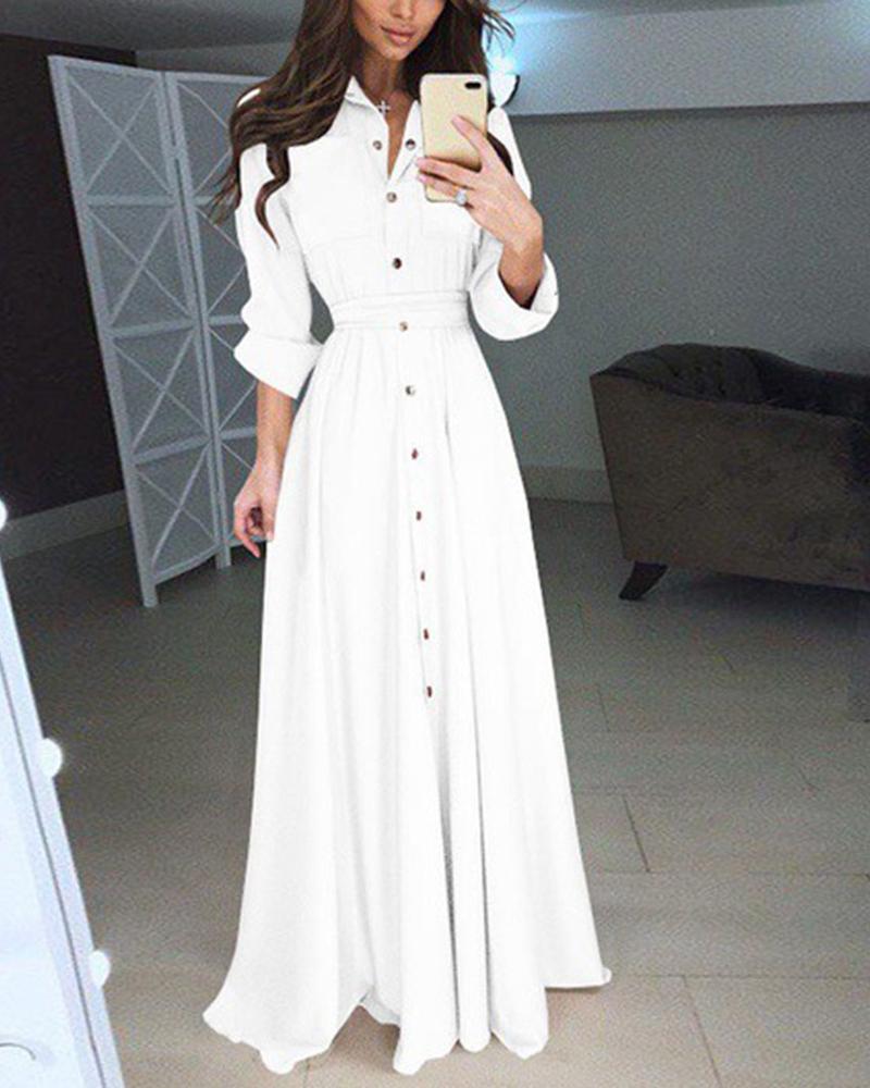 Solid Long Sleeve Skinny Waist A-line Shirt Dress – fasionce